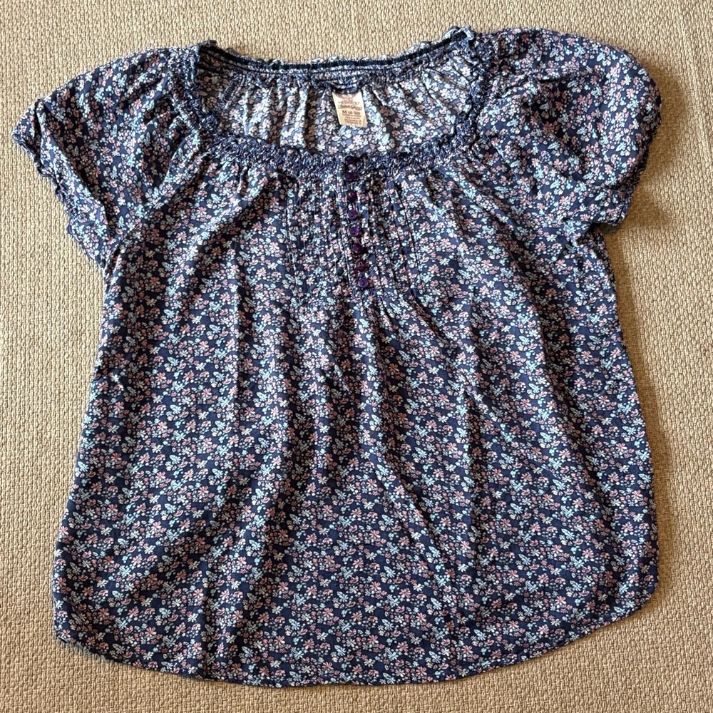 Faded Glory Top Peasant Boho Y2K Blue Pink Floral Short Sleeve Smocked Women's M